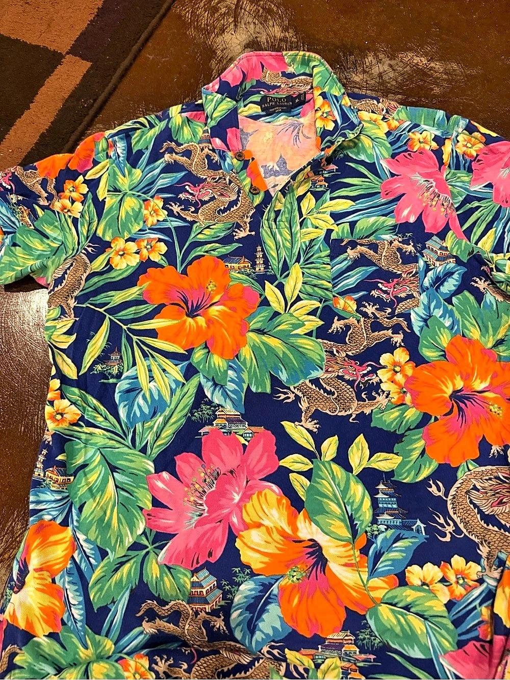 Polo Ralph Lauren Dragon Hibiscus Floral Featherweight Mesh Polo Shirt Blue &